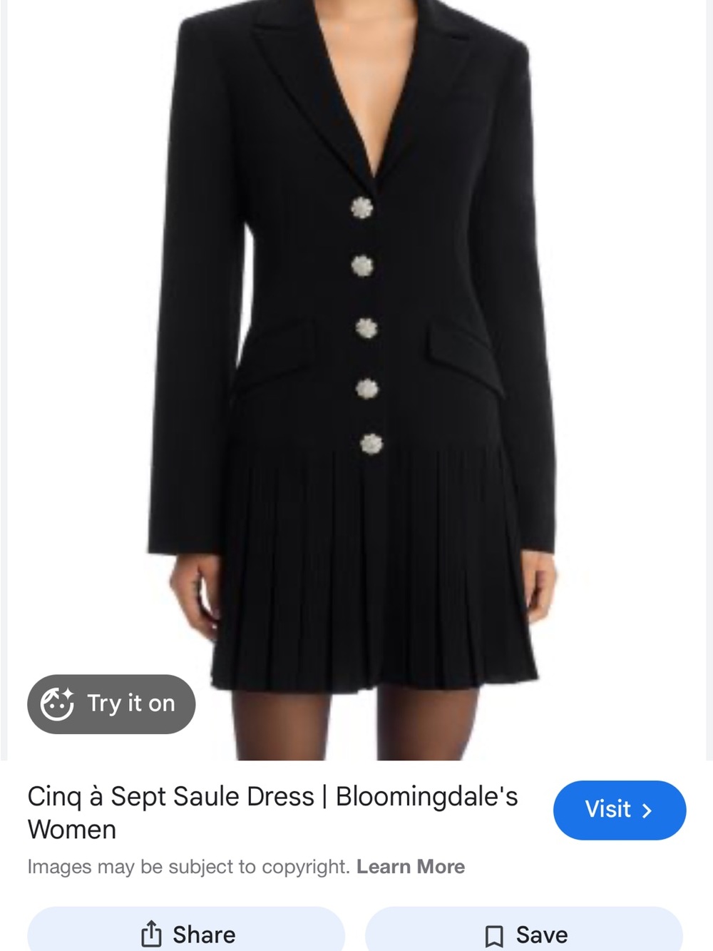 NWOT cinq a sept Black Pleated Hem Blazer Dress- Size 14